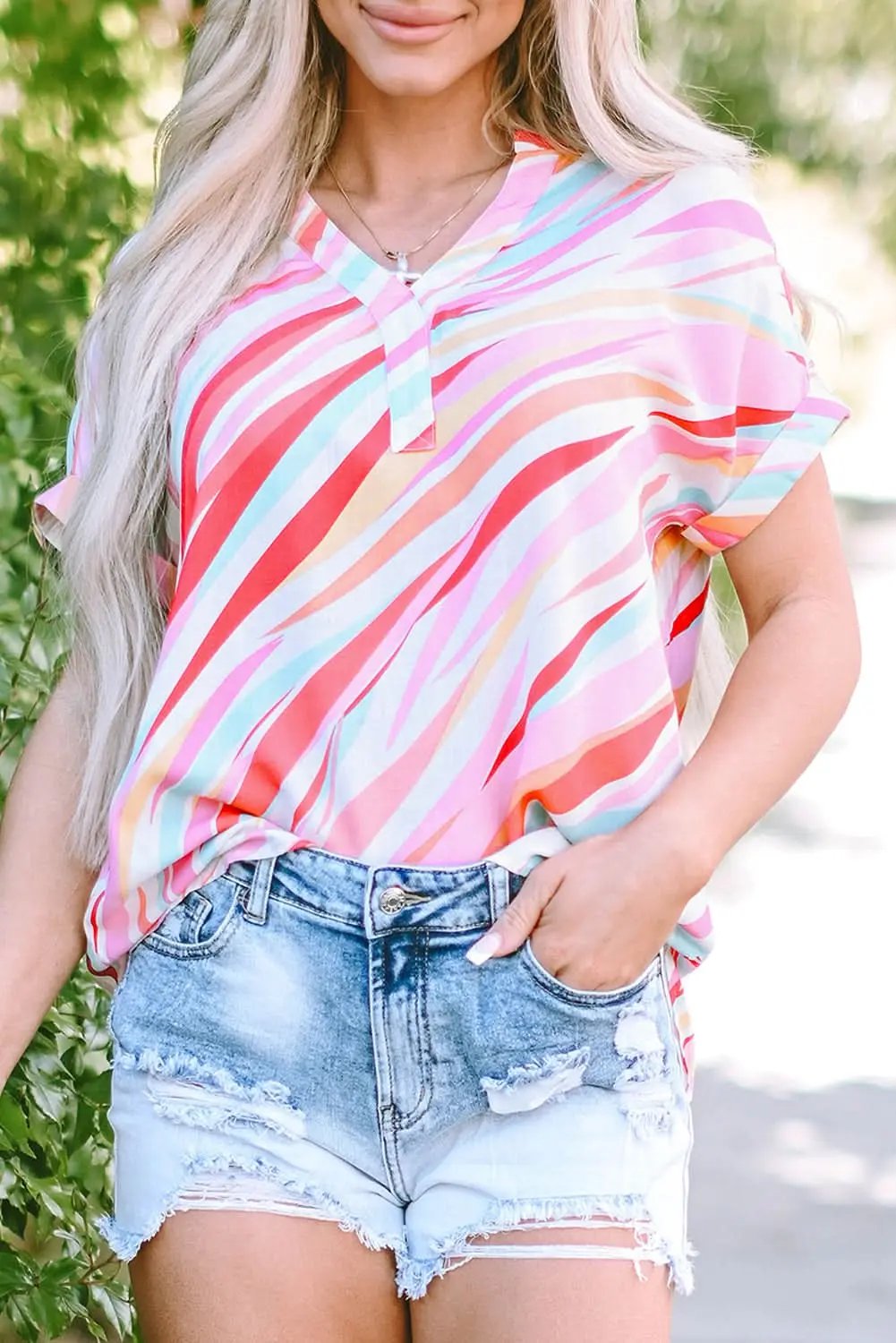 Multicolour Abstract Print High Low Short Sleeve Blouse - Love Salve